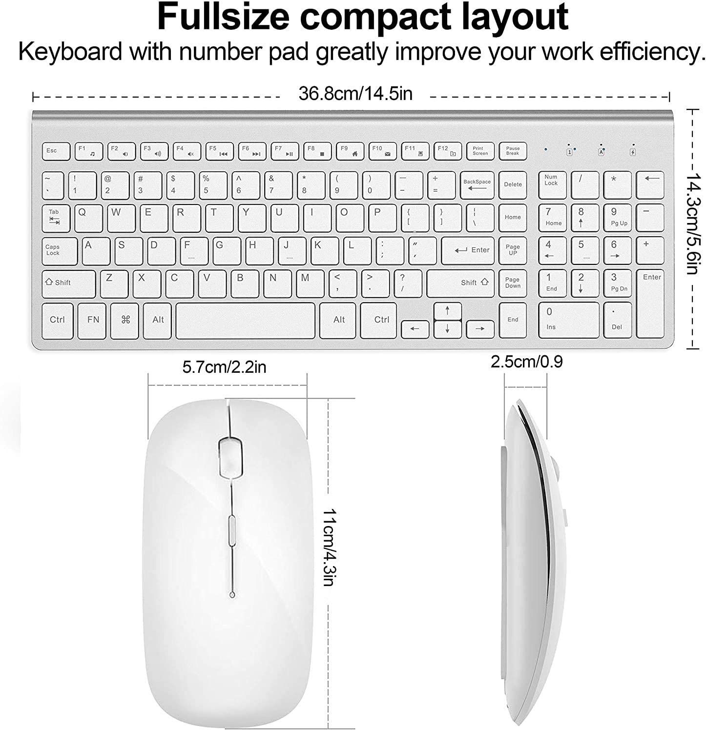 Wireless Keyboard and Mouse Combo, Full-size keyboard,，Slient Click Mouse for PC, Laptop, Desktop, Windows, Mac OS(Silver White)