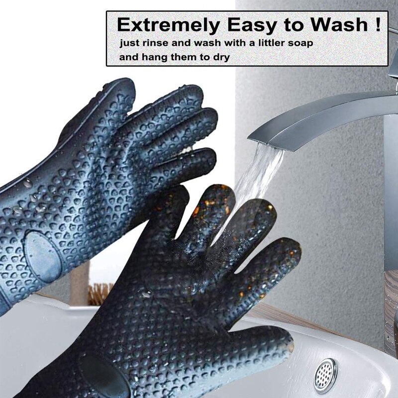 WALFOS long silicone kitchen glove-BBQ grill glove heat resistant cooking glove for grilling microwave oven mitts glove