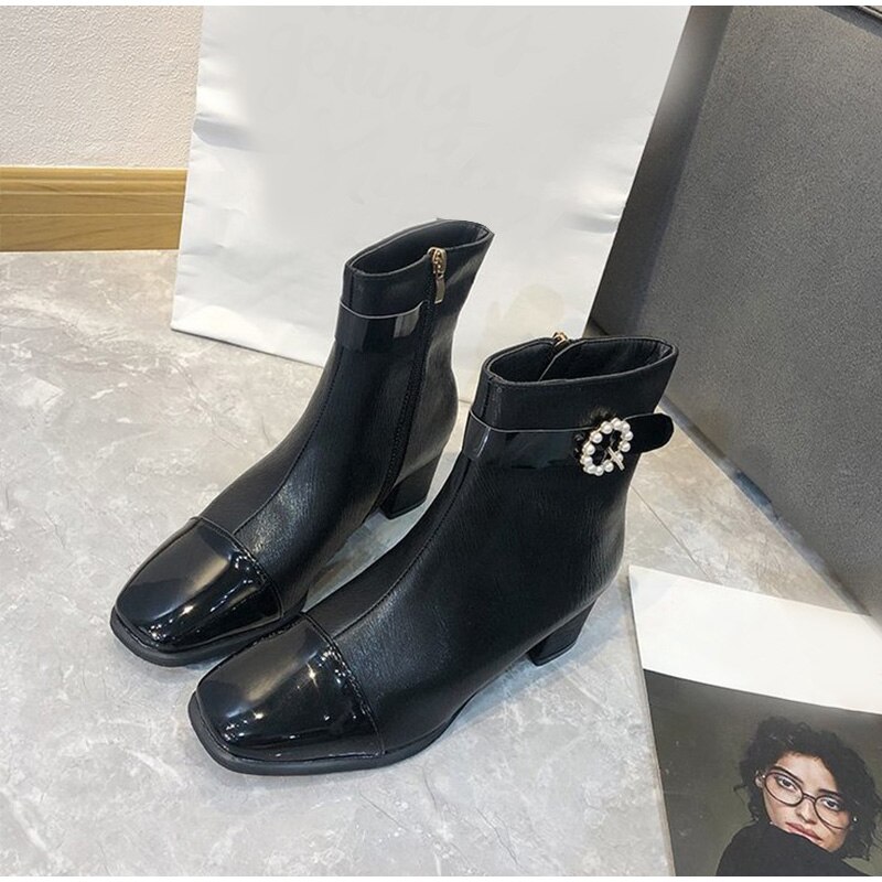 Escarpins courts en cuir PU pour femmes, bottines d'automne avec fermeture éclair et perles, talons hauts, bout carré, chaussures à la ,