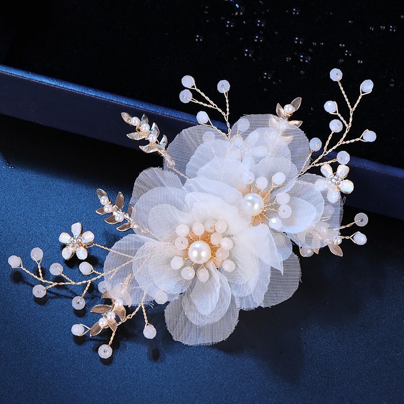 Elegante Floreale Spilli Pizzo Bianco sentiero E Filati Della Perla Del Fiore Dei Capelli della forcella Da Sposa tiara Corona Copricapo Delle Donne Accessori per Capelli Da Sposa