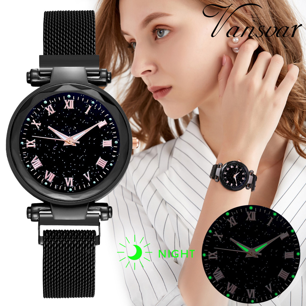 Vrouwen Horloge Luxe Starry Dial Crystal Rvs Mesh Magnetische Riem Dames Quartz Horloge Vrouwen Lichtgevende Handen Horloges