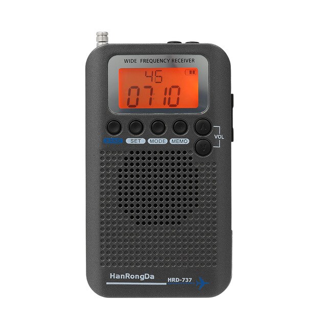 HanRongDa-Radio portátil de banda completa para HRD-737, receptor de banda, FM/AM/SW/ CB/Air/VHF, banda mundial con alarma con pantalla LCD, reloj: Black