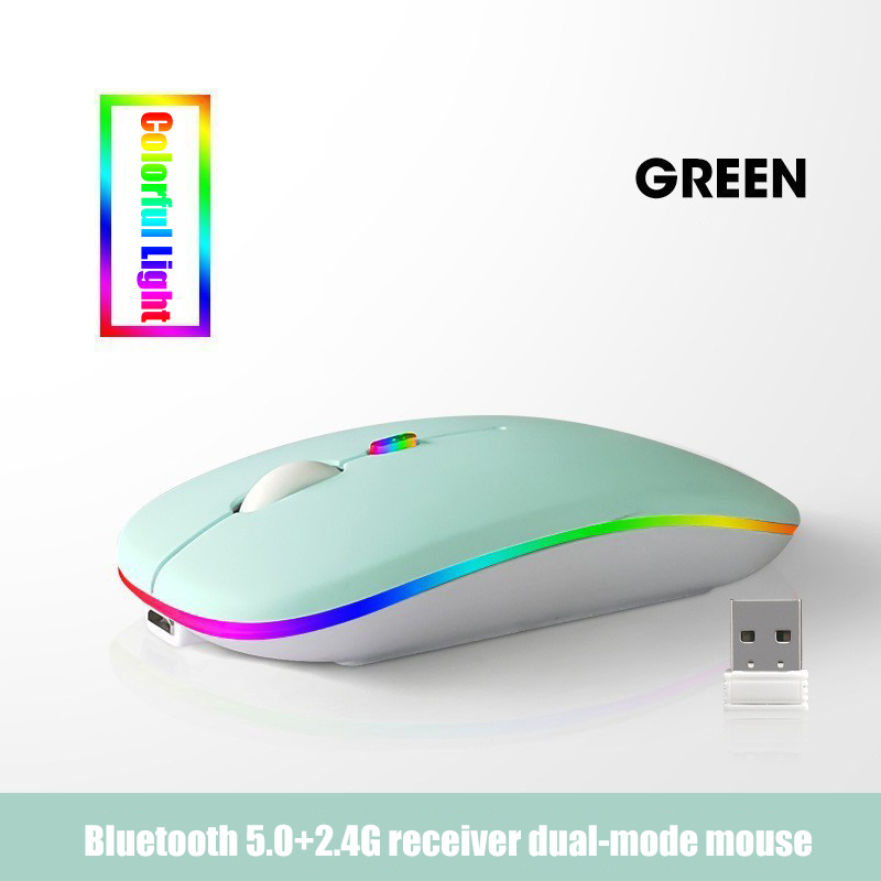Bezprzewodowa mysz Bluetooth 5.0 2,4 GHz, z lampką USB z możliwością ładowania RGB, odpowiednia do laptopów, komputerów PC, Macbooków, myszy do gier 1600 dpi: Jasnozielony