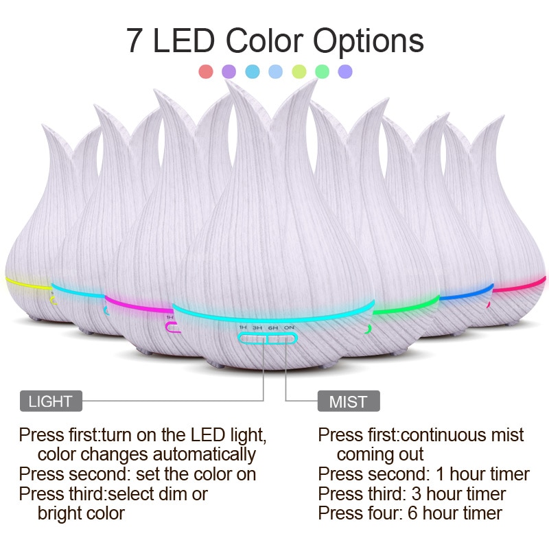 Humidificateur d'air ultrasonique, diffuseur d'huile essentielle et d'arôme avec Grain de bois, 7 lumières, pour le bureau et la maison, 400 et LED à couleur changeante ml