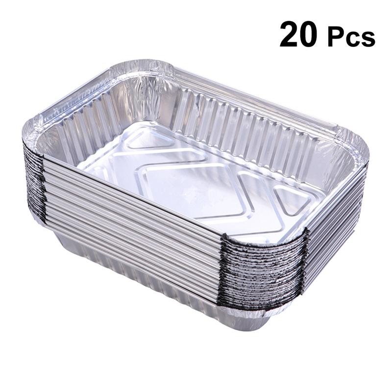20 st engångsmatlåda av aluminiumfolie bbq som håller brickor plåtfoder för byte av fettfångare utan lock (silver)