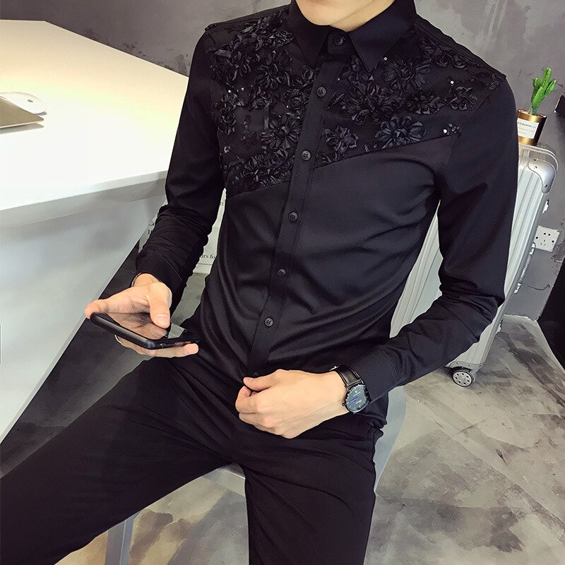 Hommes dentelle chemise concepteur mariage à manches longues chemises hommes smoking chemises Social Club fête Club noir blanc robe chemises: black / Korea M