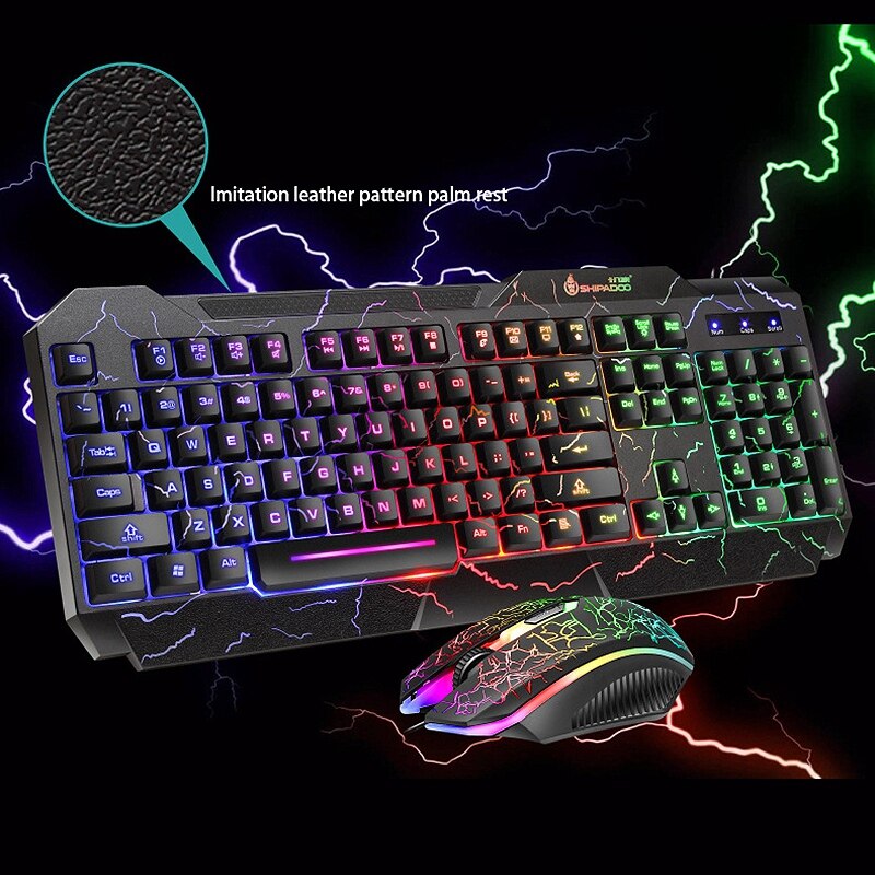 Shipadoo D620 Gaming Keyboard and Mouse Set, Colorful Crack Backlit USB Computer Gaming Wired Keyboard and Mouse Set