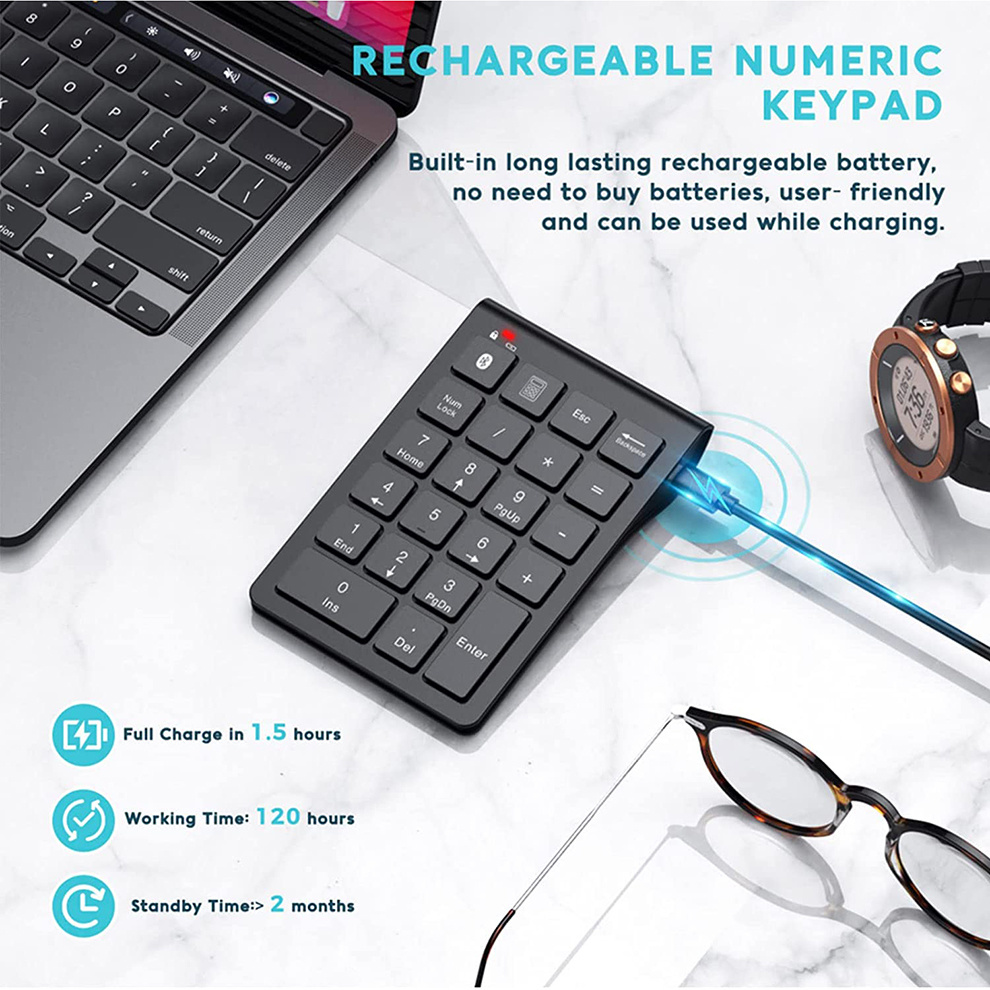 SeenDa Rechargeable Wireless Numeric Keypad Bluetooth Number Pad Slim 22-Keys External Numpad Keyboard Data Entry