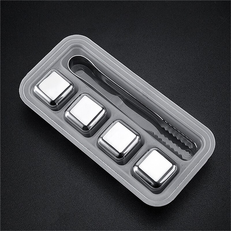Whisky Stenen Ijsblokjes Set Herbruikbare Food Grade Rvs Wijn Cooling Cube Koelen Rots Party Bar Tool: 4 PCS with Ice Clip