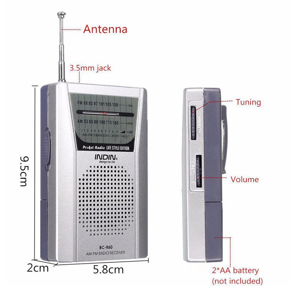 Universal BC-R60 Pocket Radio Telescopic Antenna Mini AM/FM 2-Band Radio World Receiver with Speaker 3.5mm Earphone Jack