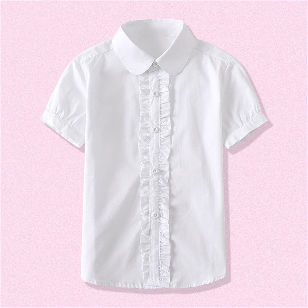 Summer Kids Blue Shirts for Girls School Uniform White Blouses Short Sleeve Preppy Cotton Children Clothing Vestidos 6 8 10 14 Y: white / 6T