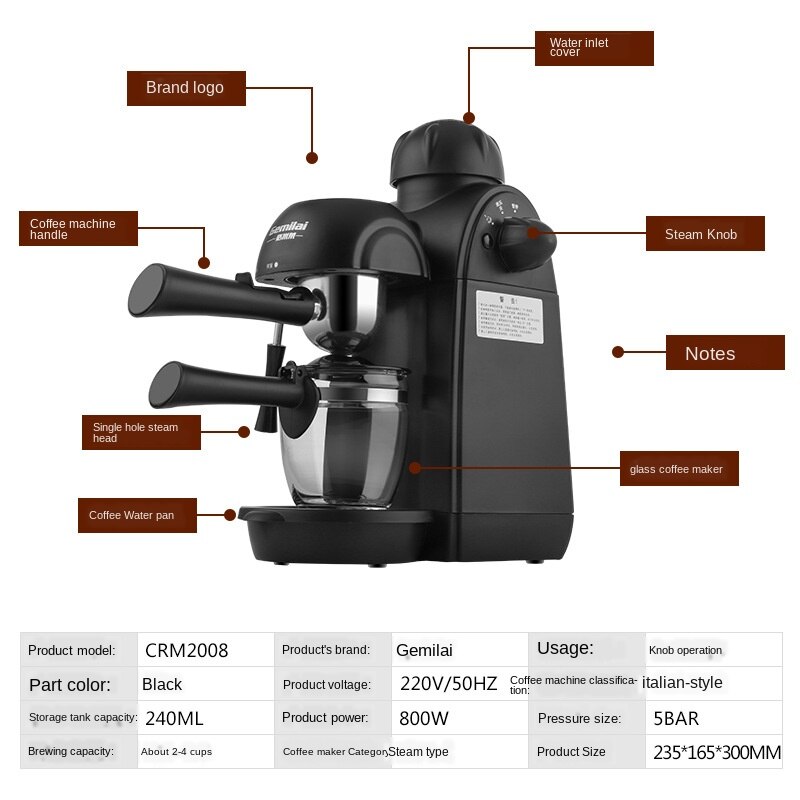 Huishoudelijke Italiaanse Koffie Machine Stoom Melk Schuim Draagbare Koffiezetapparaat Set 220V