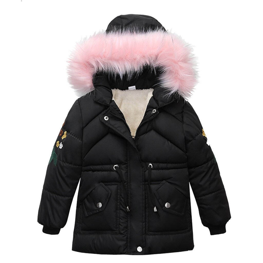 Warme Kinder Girs Winter Dicke Mäntel Baby Mädchen Stickerei Floral Hoodied Casua Jacke Mädchen Lange Sleeve Zipper Schnee Outwear: Black / 7T