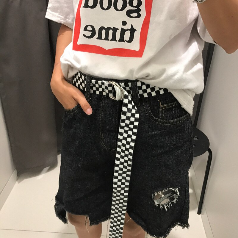 Cinturón de para mujer, pantalones vaqueros de lona informales, encantadores cinturones para mujer, hebilla a cuadros negra y blanca, Correa larga de 120cm, cinturón con hebilla