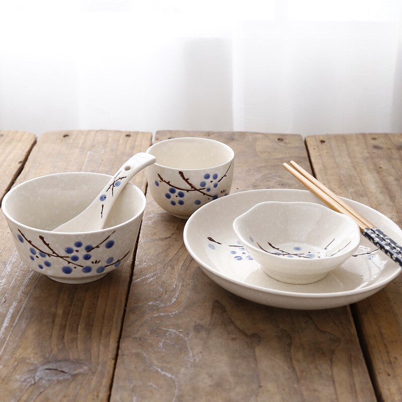6-Piece Set Japanese Rice Bowl Dishes, Chopsticks, Spoon Ceramic Tableware Household Single Food: Red