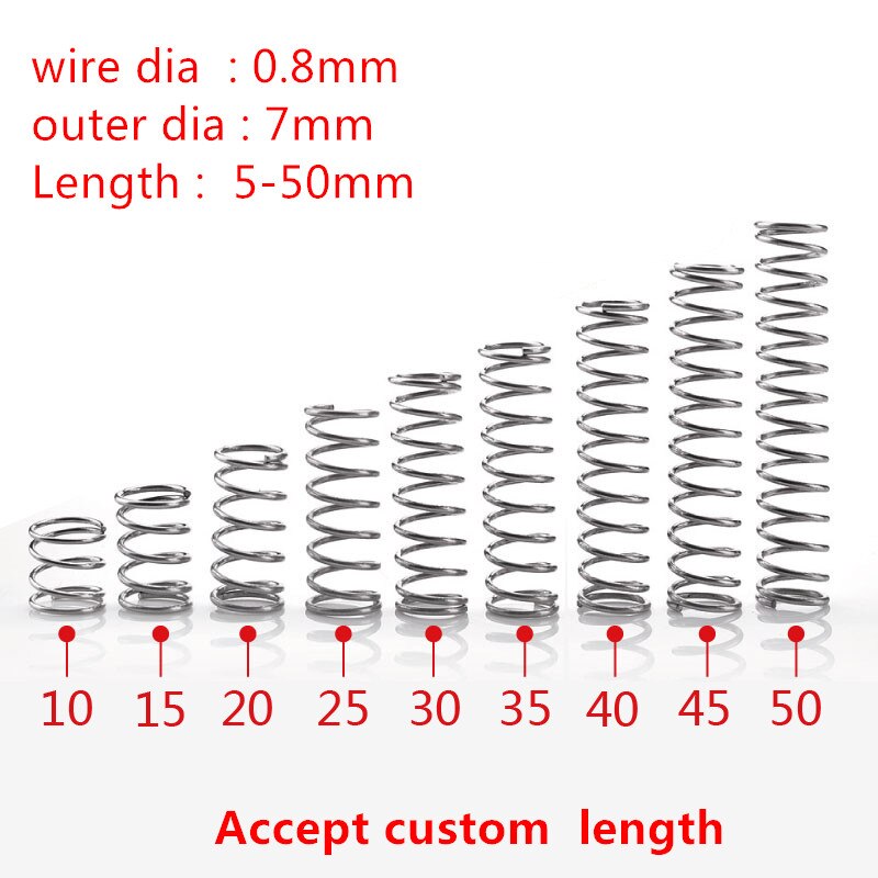 10 stks/partij 0.8mm 0.8x7mm Rvs drukveer draad diameter 0.8mm buitendiameter 7mm lengte 10-50mm
