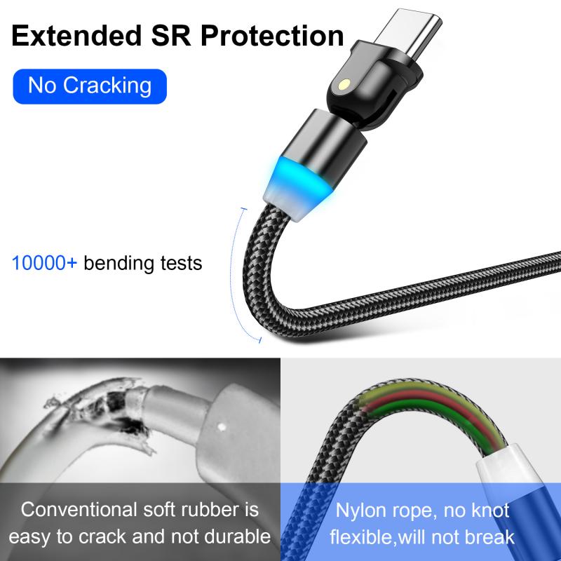 90° Elbow Support QC3.0 Fast Charging Soft Light With Lights Type-C Data Cable For Mobile Phones And Tablets