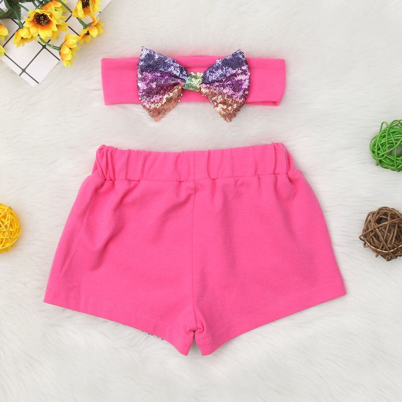 Peuter Sequin Korte Kids Baby Girl Boog-knoop Party Bling Shorts Bottoms Pailletten Broek Hoofdband Kinderkleding