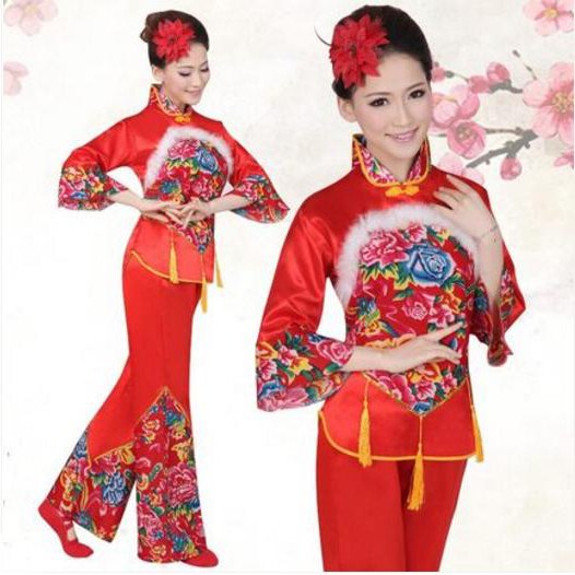 Mujer rojo estampado estilo más joven abanico traje baile con tambores ropa traje de actuación disfraz de Baile Folclórico chino