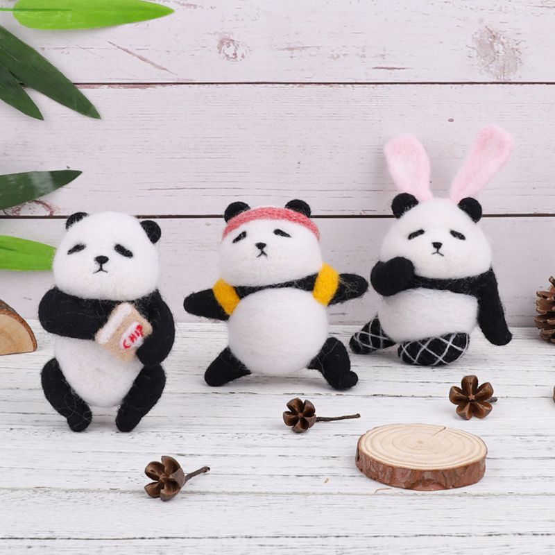 Cute Panda Wool Felt Craft DIY Unfinished Poked Set Handcraft Kit Needle Material Bag Pack Handmade