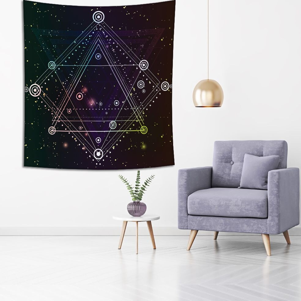 Tapestry Hipster Mystic Heilige Driehoeken Cirkels Op Donkere Ruimte Sterrenhemel Boho Chic Art Zwart Wit Paars