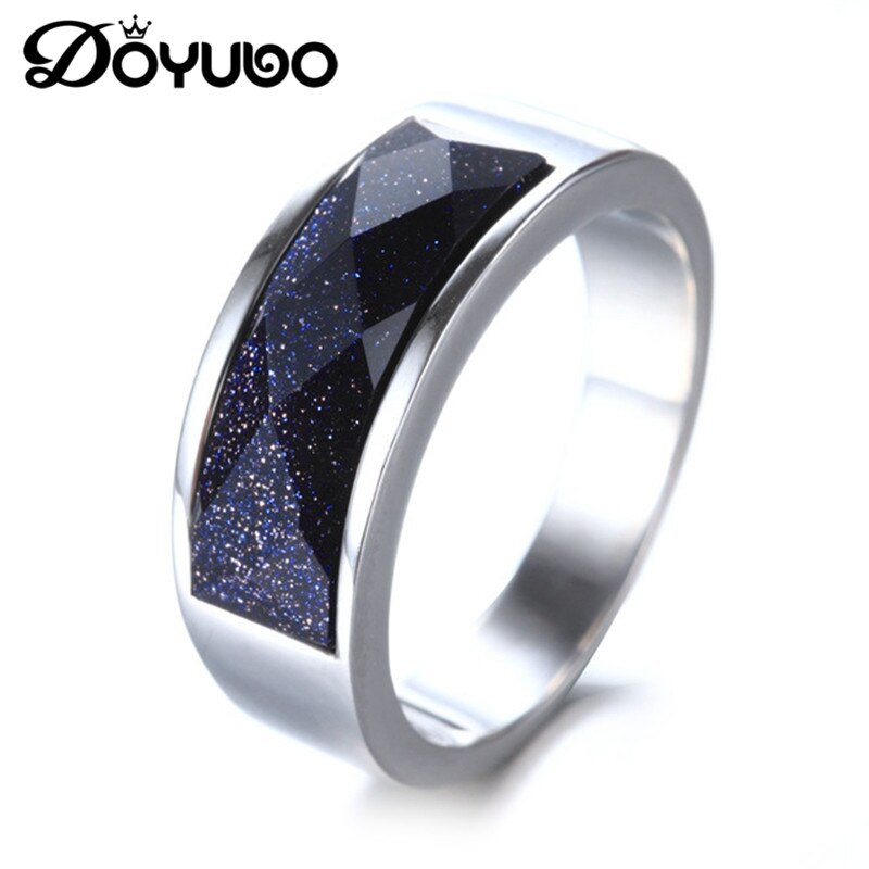 Doyubo herenringaccessoires van roestvrij staal met vierkante blauwe stenen, herenring met graveerlogo en naam  da141