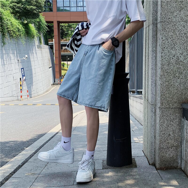 Summer Tooling Denim Shorts Men Korean Casual Loose Straight Denim Shorts Men Harajuku Streetwear Denim Half Pants Men