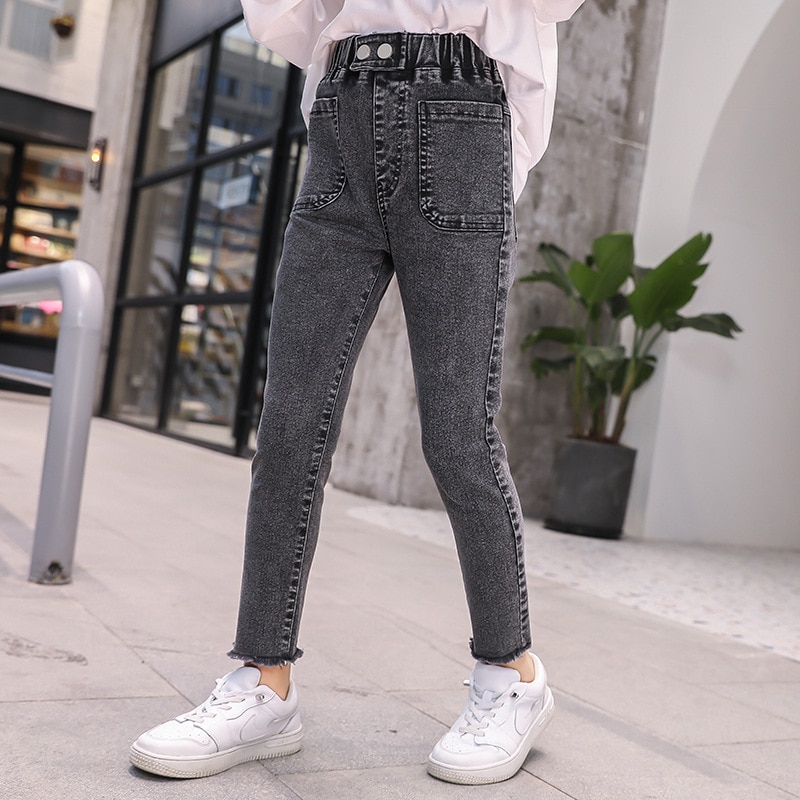 4-12 år piger jeans forår/ efterår børn piger skinny denim bukser børnetøj skole pige casual pencil bukser: Sort / 10