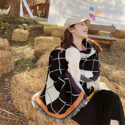 Høst og vinter fargerik stor rutete vakker søt skjerf varm utendørs trend nydelig dusksjal: Svart