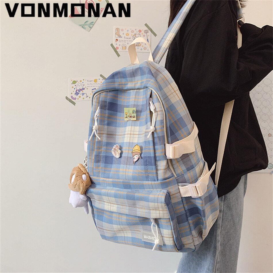 Japanese Plaid Backpack Korean Large Capacity Students Schoolbag Campus Stripe Style Fashionable Girl Waterproof Travel Bag