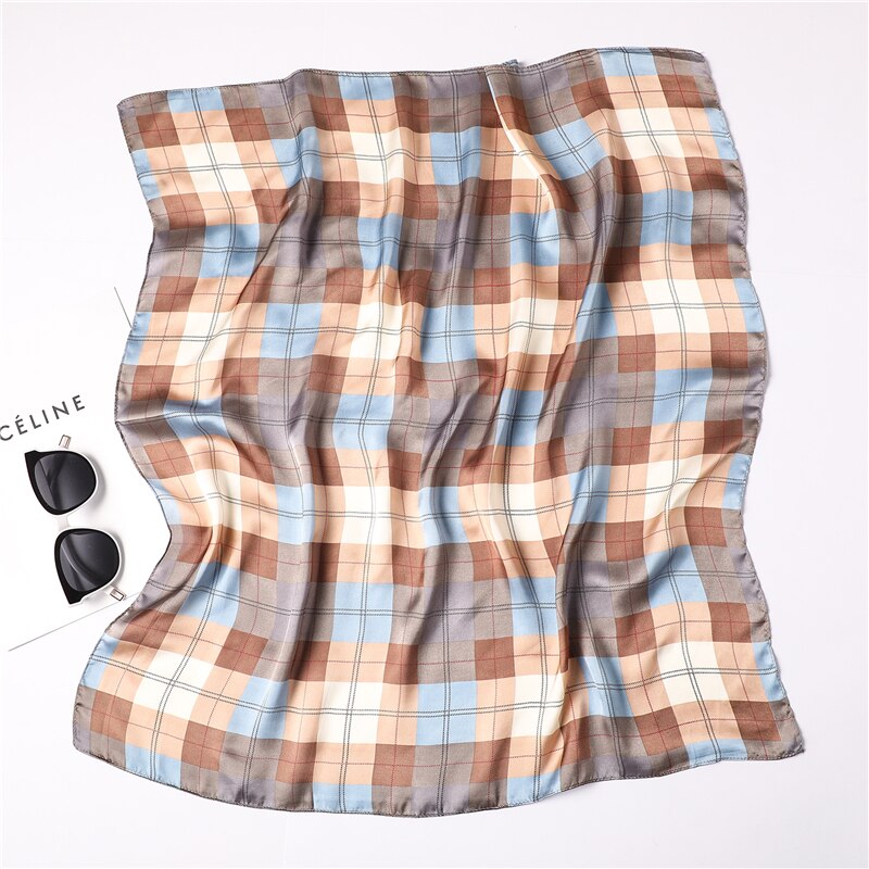 Zomer Vrouwen Sjaal Mode Plaid Print Zijden Sjaals Vierkante Kleine Size Haar Neck Bandana Sjaals Foulard