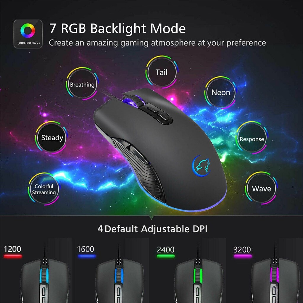 LED Optical USB Wired Gaming Mice Mouse 7Buttons 3200DPI Programmable Ergonomic Computer Silent PC Gamer Desktop Laptop