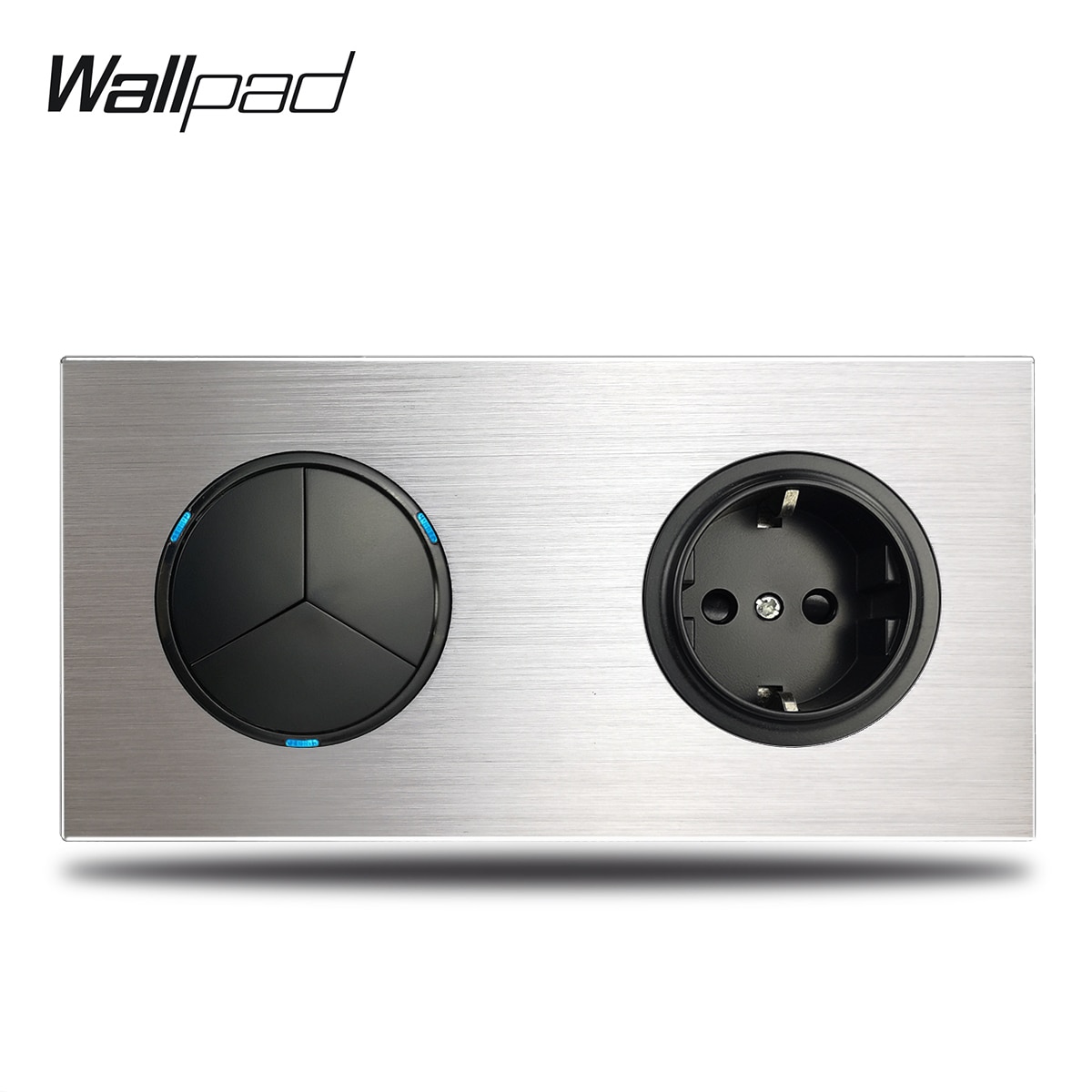 3 Gang Triple Light Switch with EU Wall Electric Outlet Socket Silver Brushed Aluminum Alloy Panel Dual Plate, 172 * 86 mm