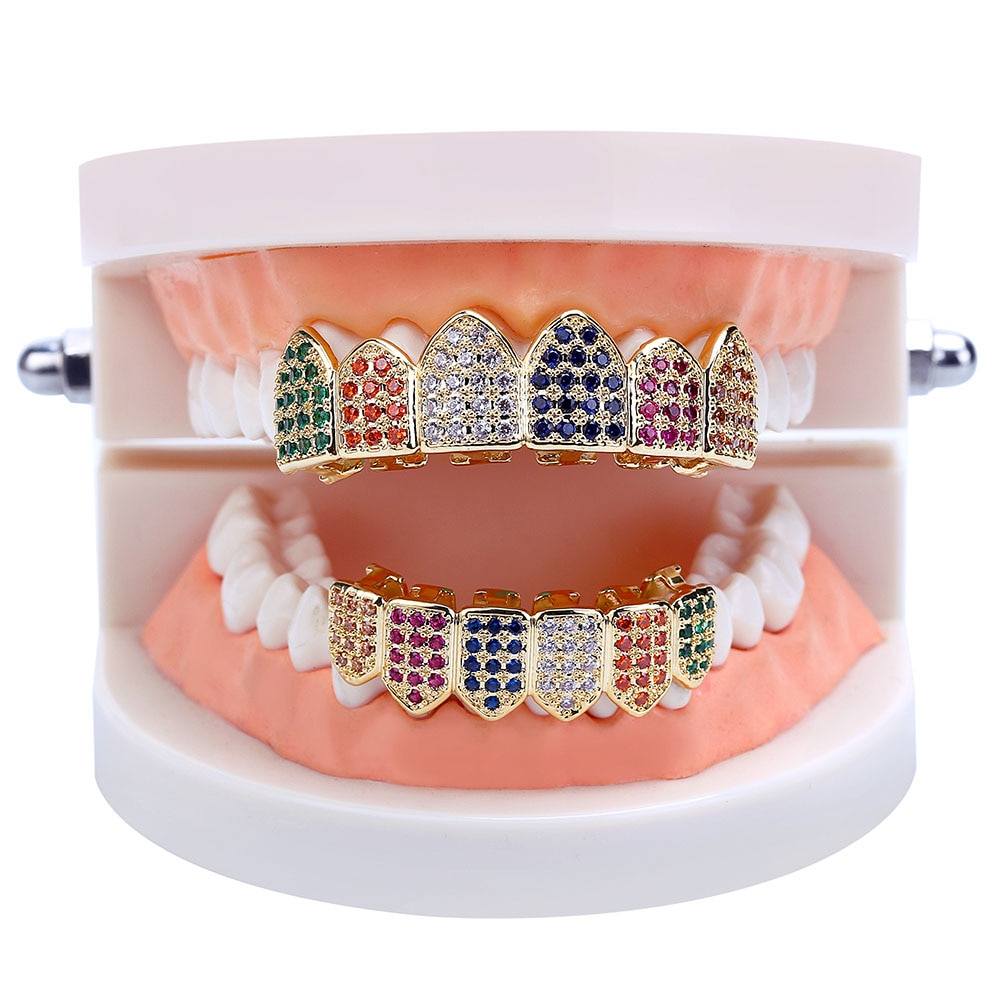 GUCY Gold Color Plated Hip Hop Teeth Grill Caps Micro Pave CZ Top & Bottom GRILLZ Mouth Tooth Grills Set