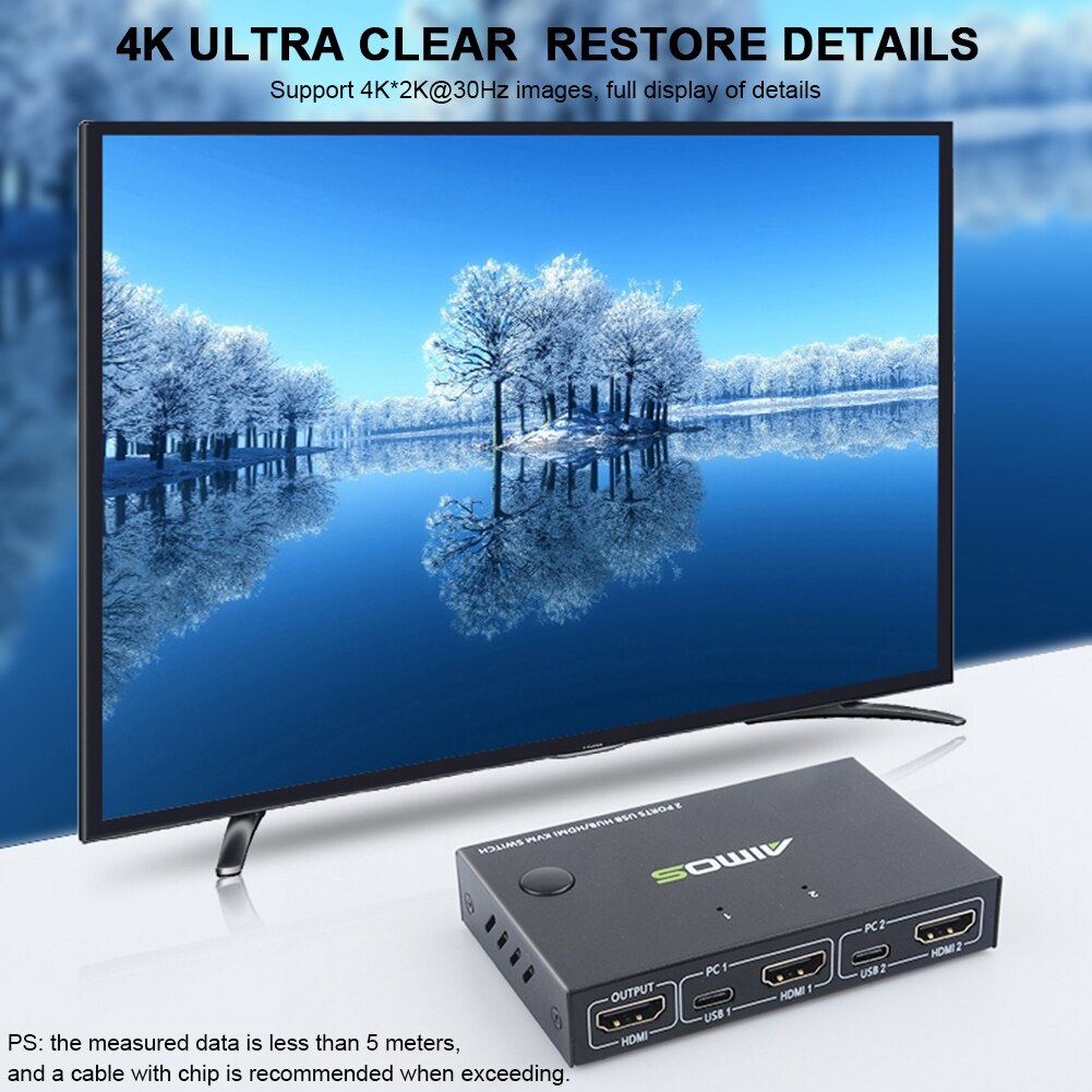 Hdmi Kvm Switch 2 In 1 Out, 4K @ 30Hz Met USB2.0 Hub Voor Pc Monitor, Projector, Toetsenbord, Muis