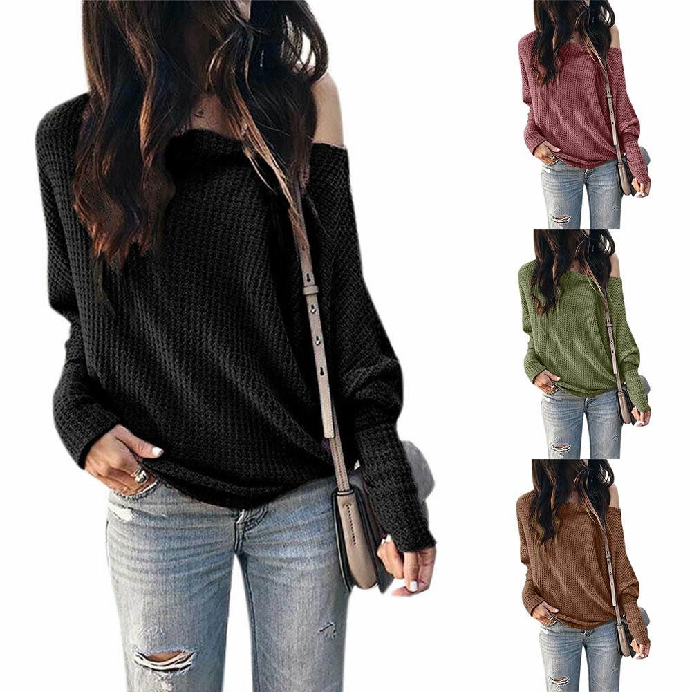Kvinder solid skæv krave sweater blødt lanterne ærme hjem shopping bomuld blanding afslappet slim fit outwear off shoulder dagligt kontor