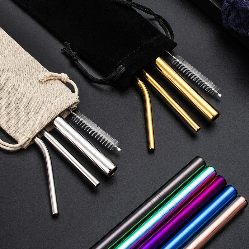 Bubble Tea Stainless Steel Straw Reusable Drinking Straws Set Curved Metal Straws Bag with Brush For Smoothies Juice Tea