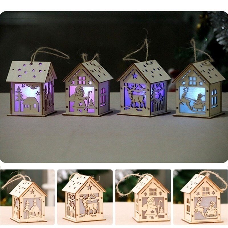 Christmas Led Light Wood House Cute Christmas Tree Hanging Ornaments Decoration Figurines Merry Christmas