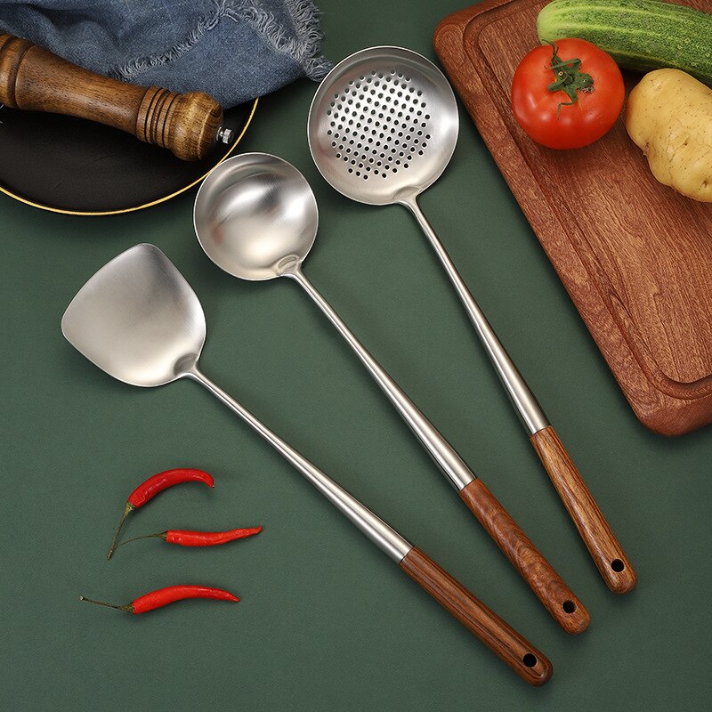big long spatula shovel chef cooking cocina utensilios blade Kitchen Utensil Wooden Handle Stainless Steel Turner Soup Spoon wok