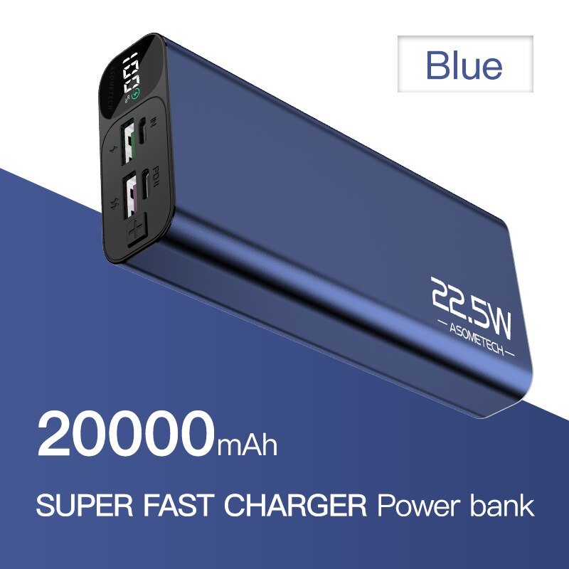 Carregador super rápido qc3.0 20000mah 5a, usb c pd3.0 flash, bateria externa para iphone 12 xiaomi: Blue