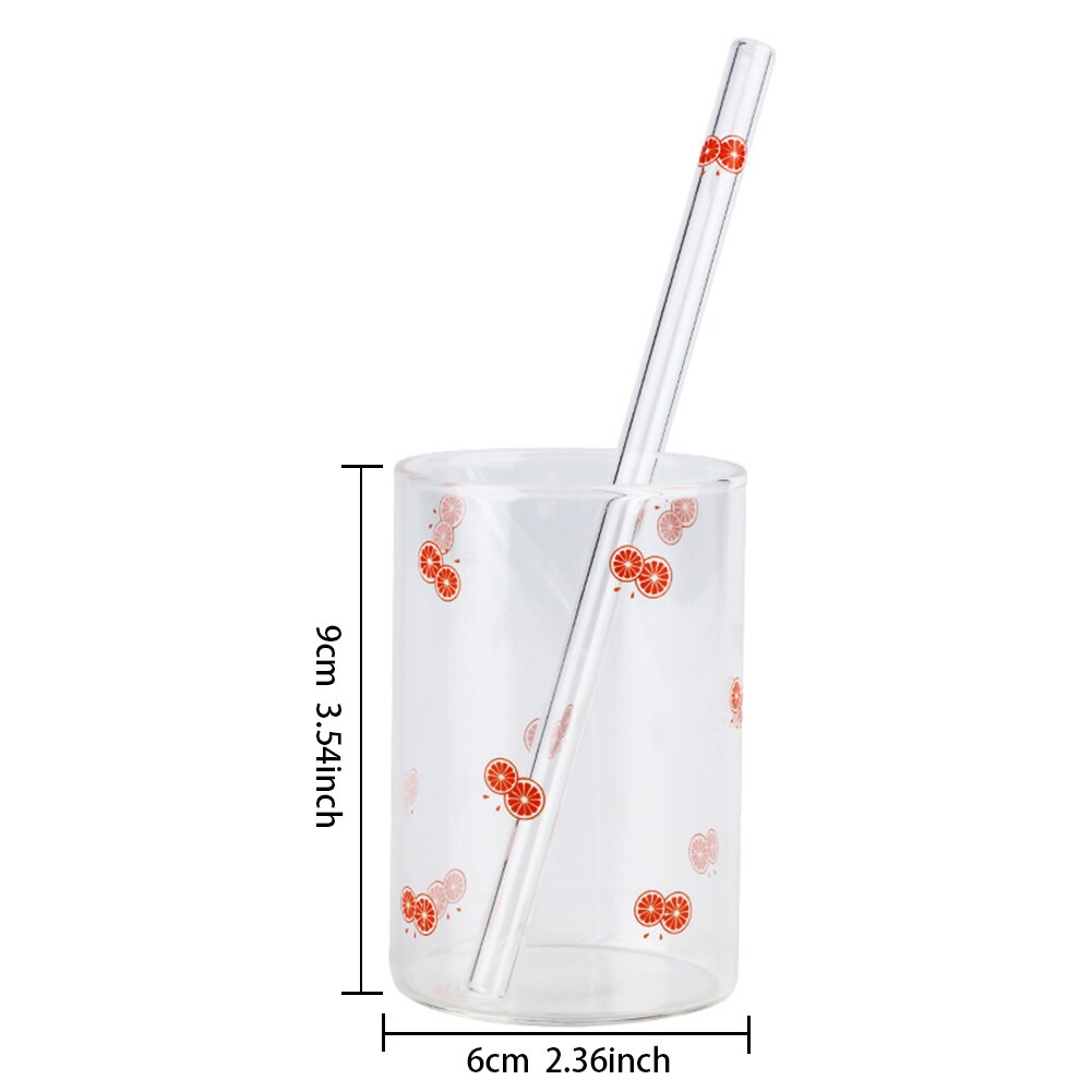 Cute Fruit Printed Glass Mug Cup Heat-resistant Milk Juice Glass Water Cup with Straw Beer Coffee Cup Whiskey Lemon Tea Mugs: E 210ml
