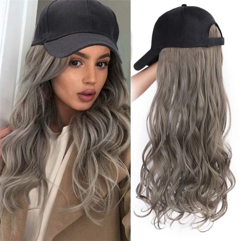 Long Synthetic Baseball Cap Hair Wig Natural Black / Brown Wavy Wigs Naturally Connect Synthetic Hat Wig Adjustable For Girl: Gray
