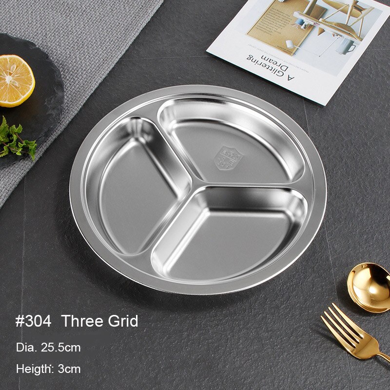 304 Stainless Steel Plate Kindergarten Plate School Adult Dishes Plate Round Shape Dining Restaurant Tray: 25.5cm Three Grid