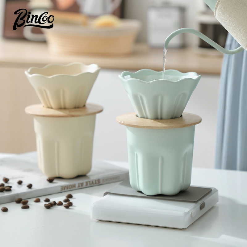 Taza con filtro de café de cerámica V01, juego de tazas de café con filtros reutilizables con soporte de madera, gotero de embudo, taza con filtro de flores, accesorios para café