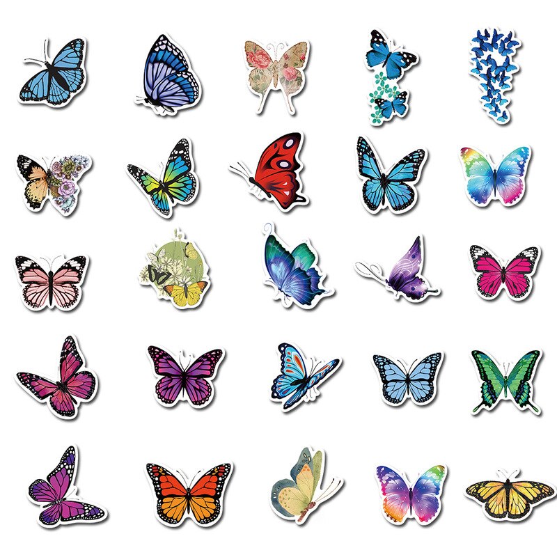 50 stuks meerkleurige pvc-bloemvlinderstickers voor meisjes, babykamers, keuken, huisdecoratie, zelfklevende stickers