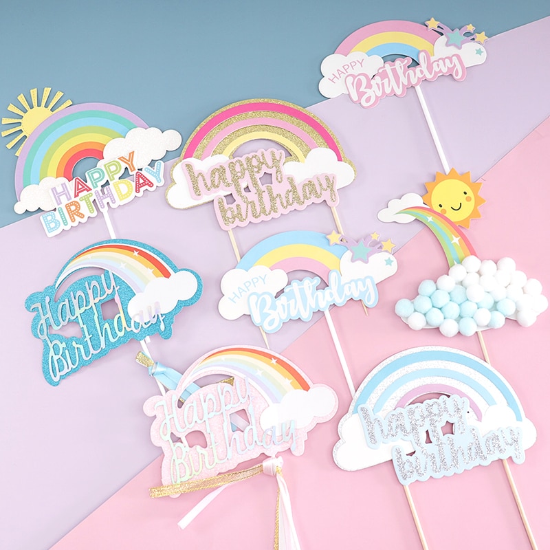 Cakelove Happy Birthday Cake Topper Cute Rainbow star sun Cloud Happy Birthday Cake Topper Flag Party Dessert Decoration Flags