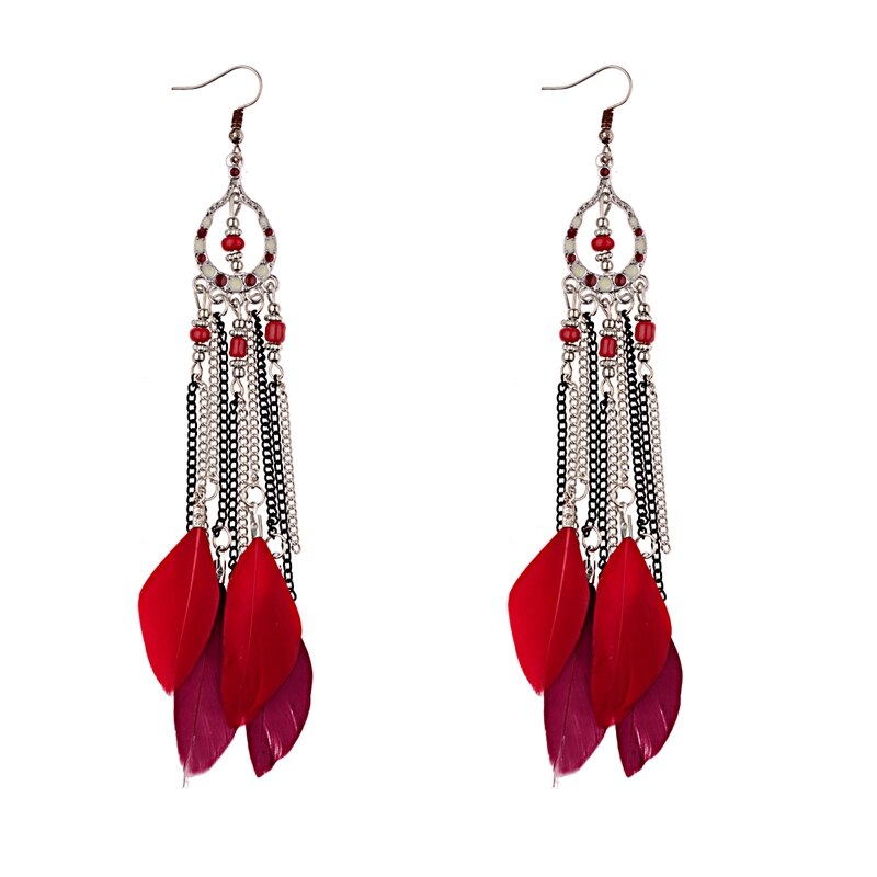 Ethnic Blue Feather Long Earrings For Women Gypsy Jhumka Jhumki Chain Indian Beads Earrings Handmade Oorbellen HXE058: Red