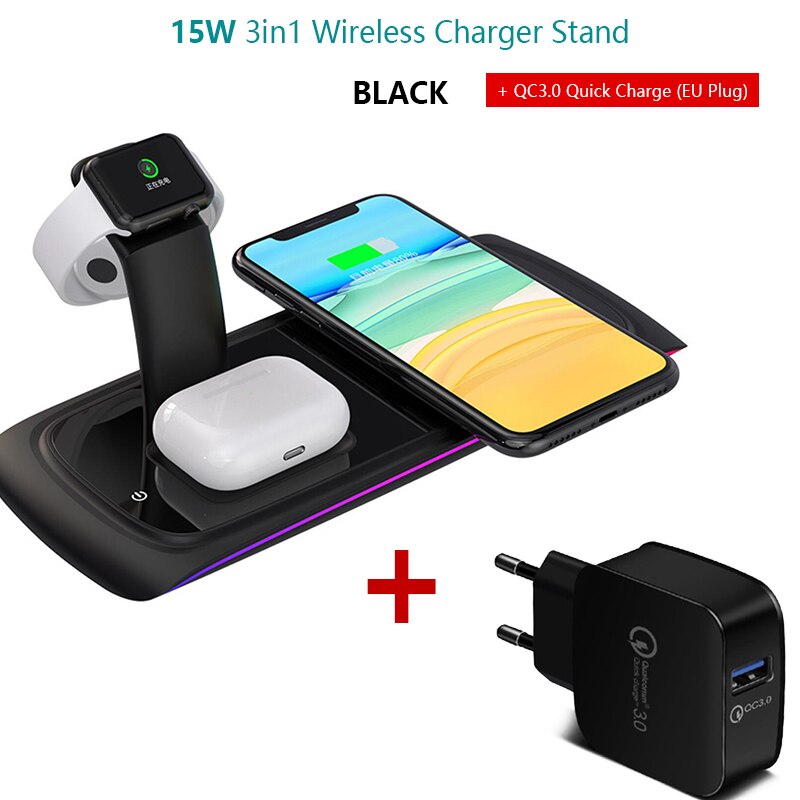 15W Snelle Qi Draadloze Lading Universele 3 In 1 Draadloze Oplader Voor Iphone 11 Xs Iwatch Airpods Pro Telefoon stand Laadstation: Black and QC3.0