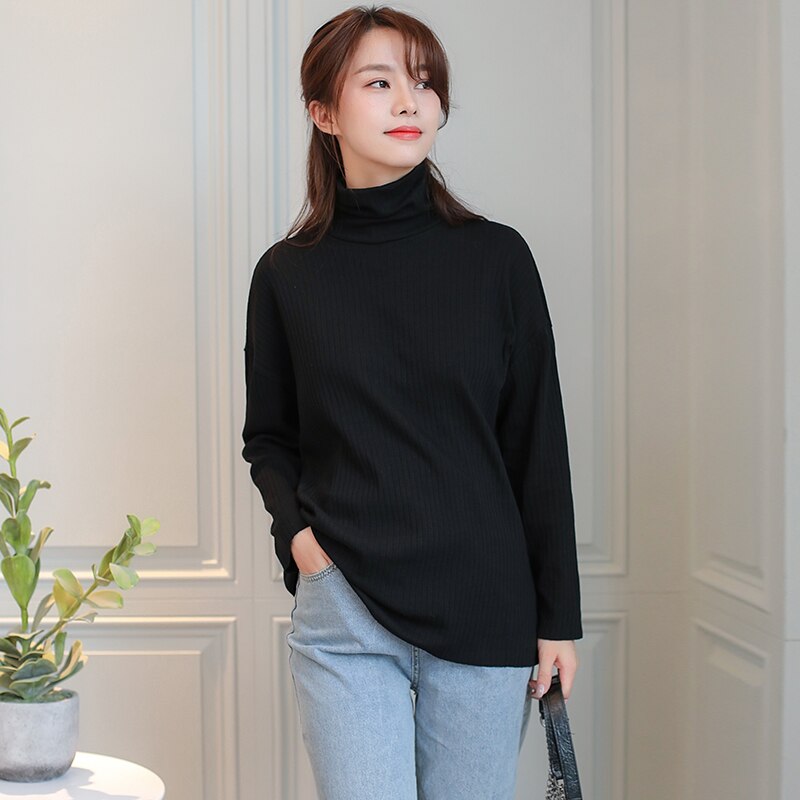 Efterårsstil stribet højhalset t-shirt hjemmetøj strikket bomuld graviditetstoppe løs stor størrelse bluse graviditetstøj 6620