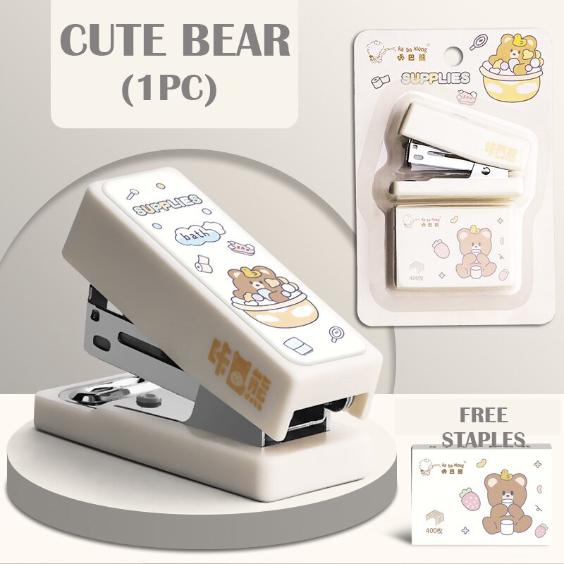 Mini Morandi Color White/Pink/Green/Blue Metal Stapler Set With Staples Binding Tools Stationery Office School Student Supplies: Cute Bear